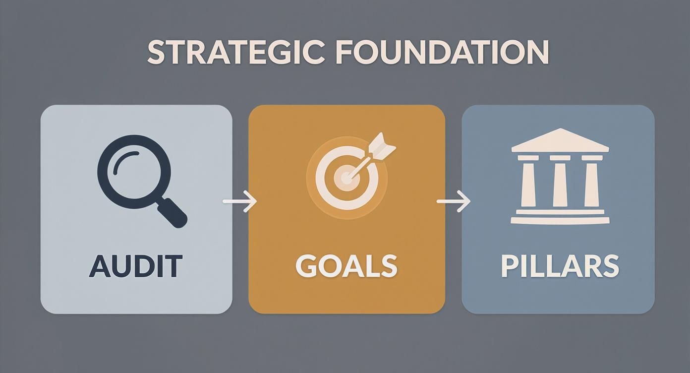 Strategic foundation diagram showing three-step process: audit with magnifying glass, goals with target, and pillars with columns