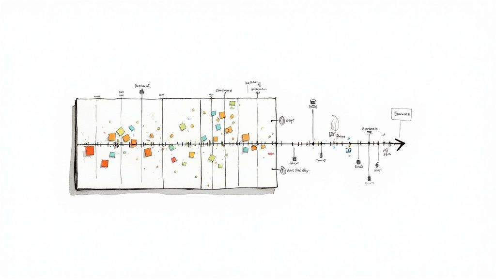 Hand-drawn social media content calendar workflow diagram showing planning stages and posting schedule timeline