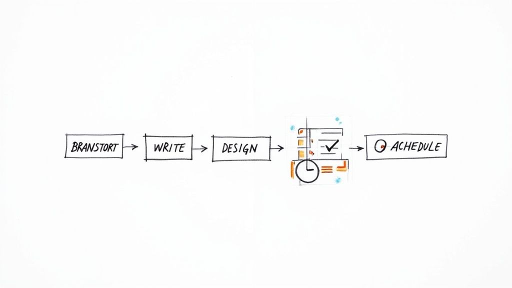 Social media content creation workflow diagram showing brainstorm, write, design, and schedule stages with planning icons