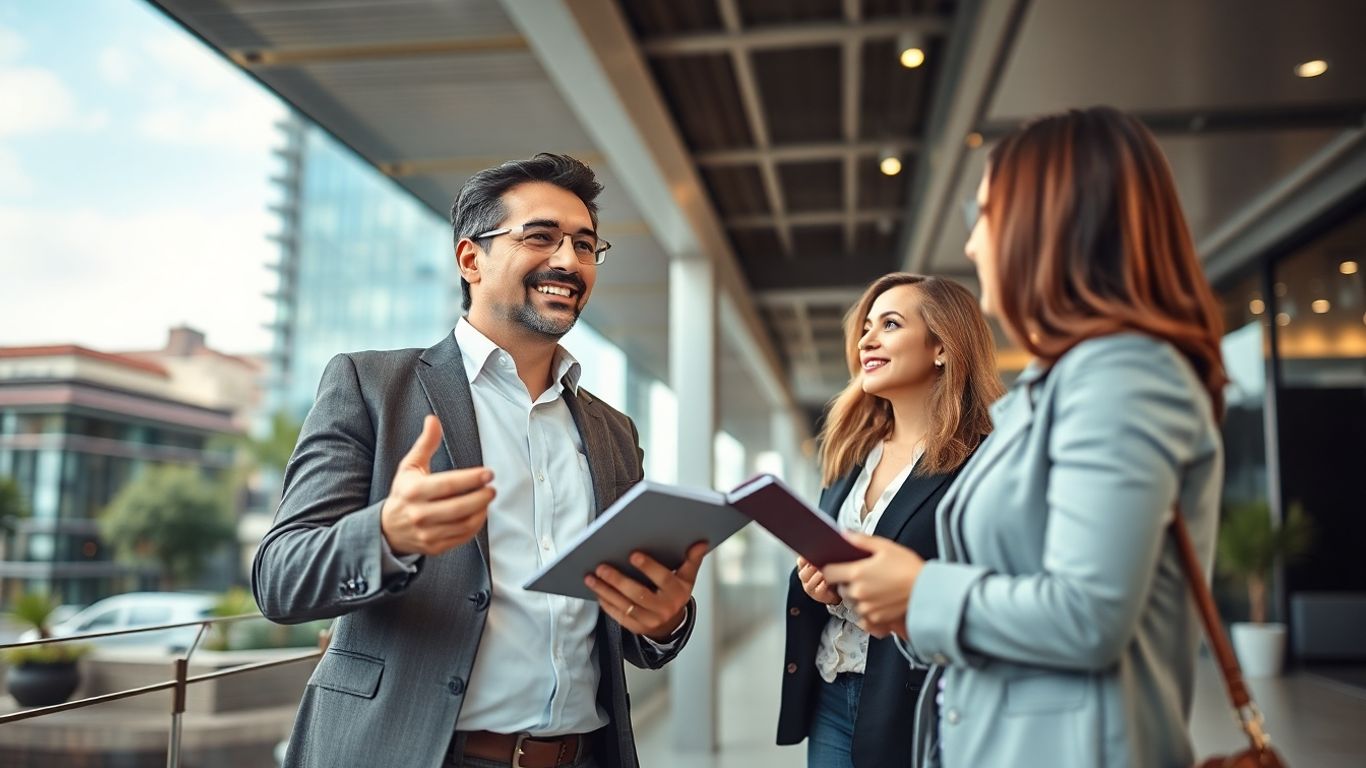 Real estate agent connecting with clients, modern buildings.