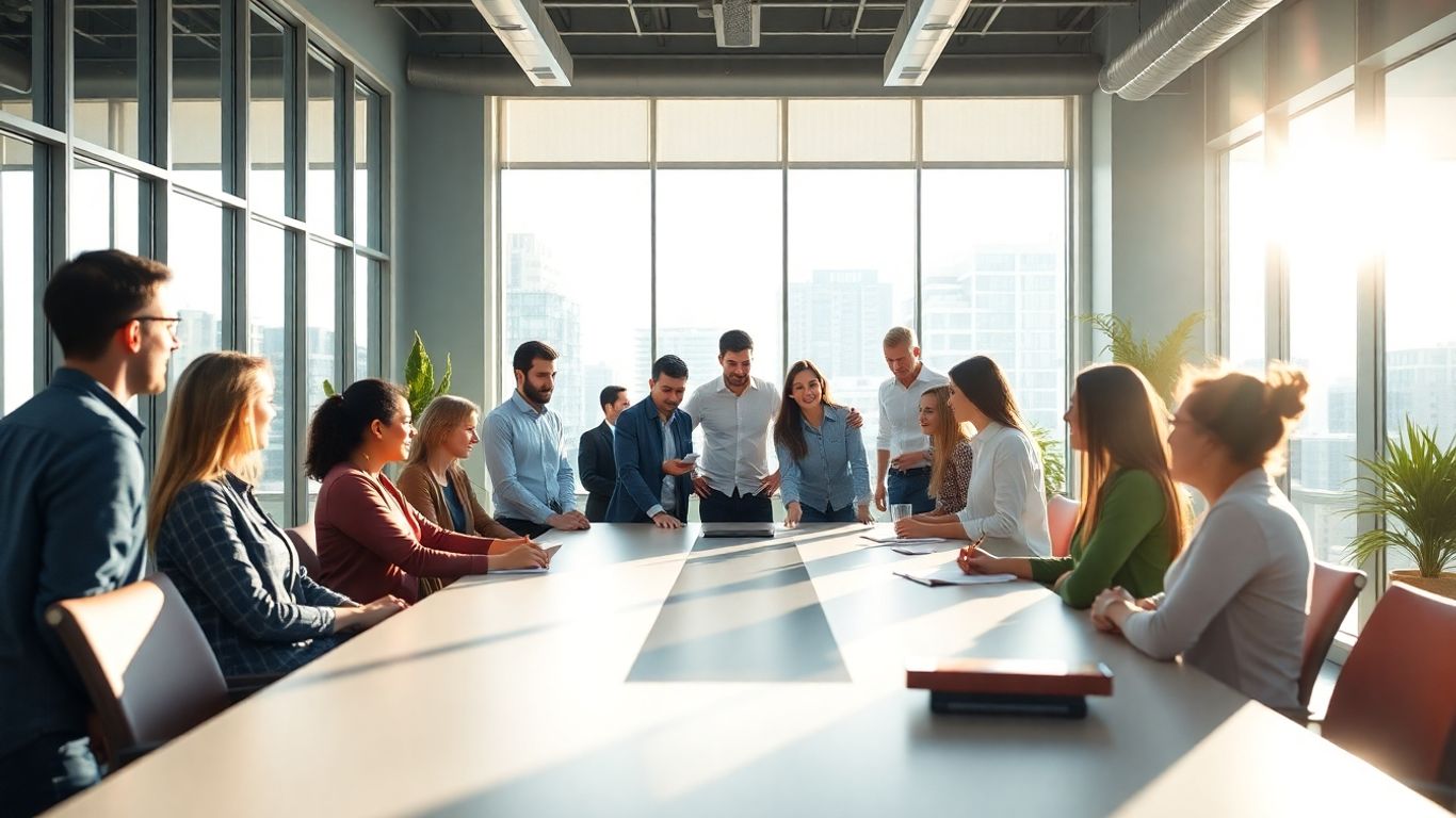 Team collaborating in a bright, modern office.