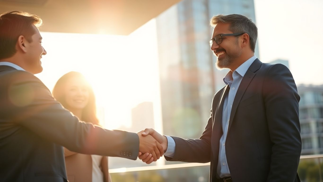 Realtor shaking hands with a client, cityscape background.