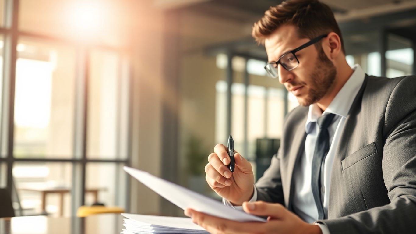 Mortgage broker reviewing documents for lead generation.