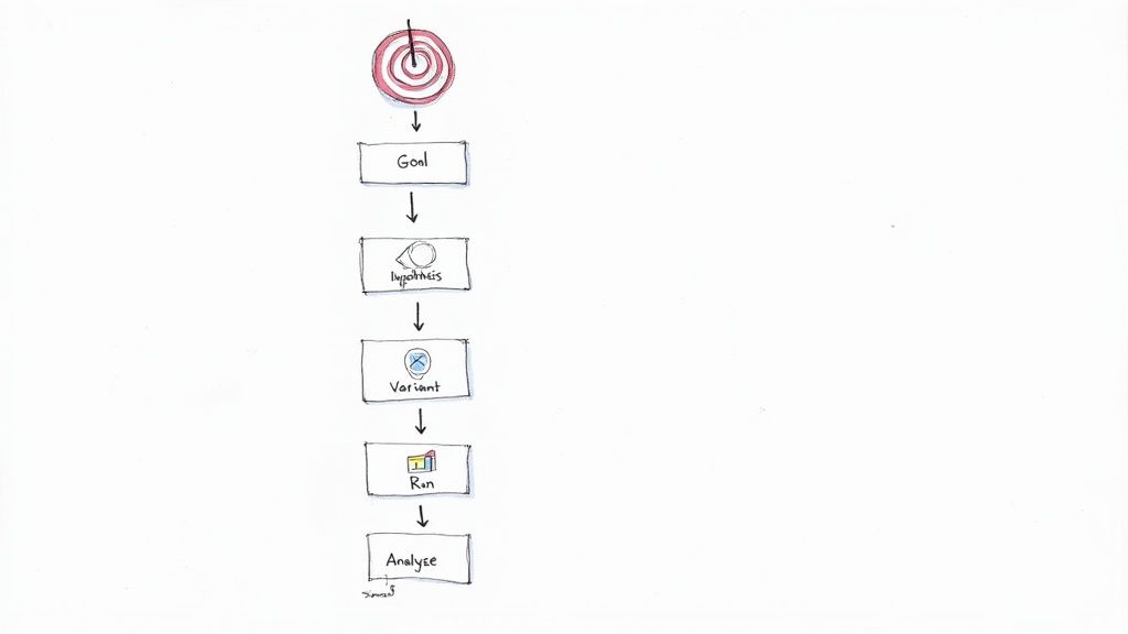 Flowchart showing A/B testing process from goal setting through hypothesis, variant, run, to analysis stages