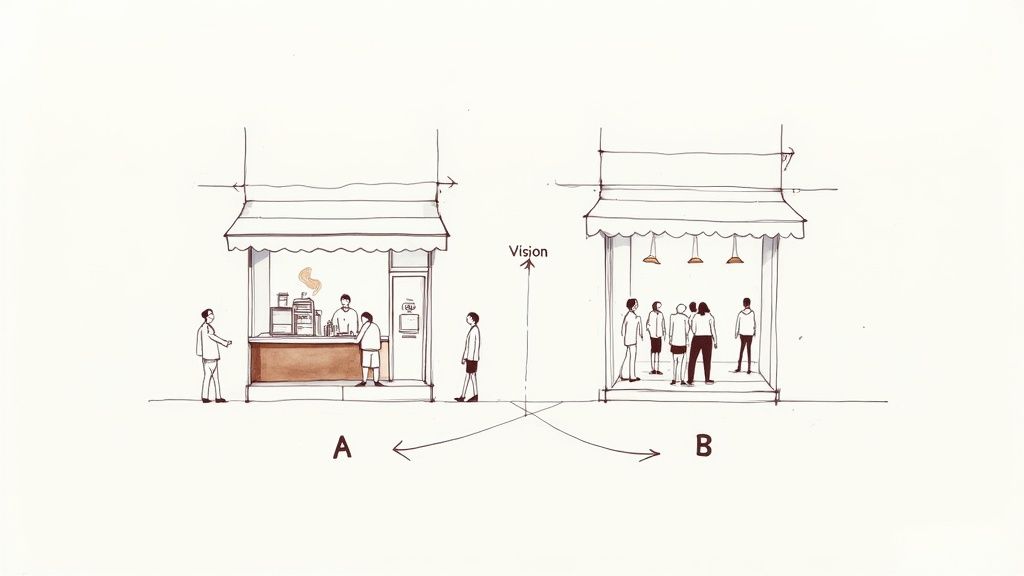Illustration comparing two retail storefronts labeled A and B for split testing comparison