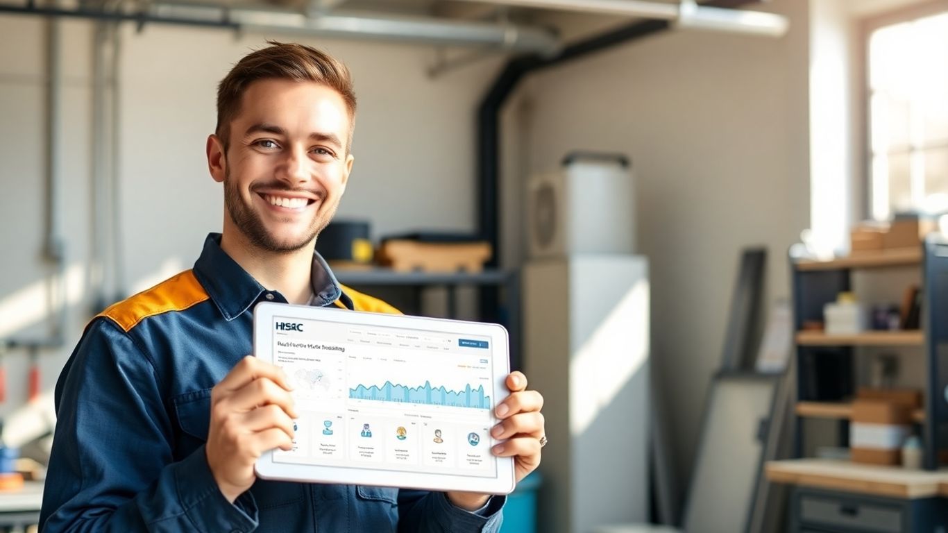 HVAC technician with tablet, digital marketing dashboard, house.