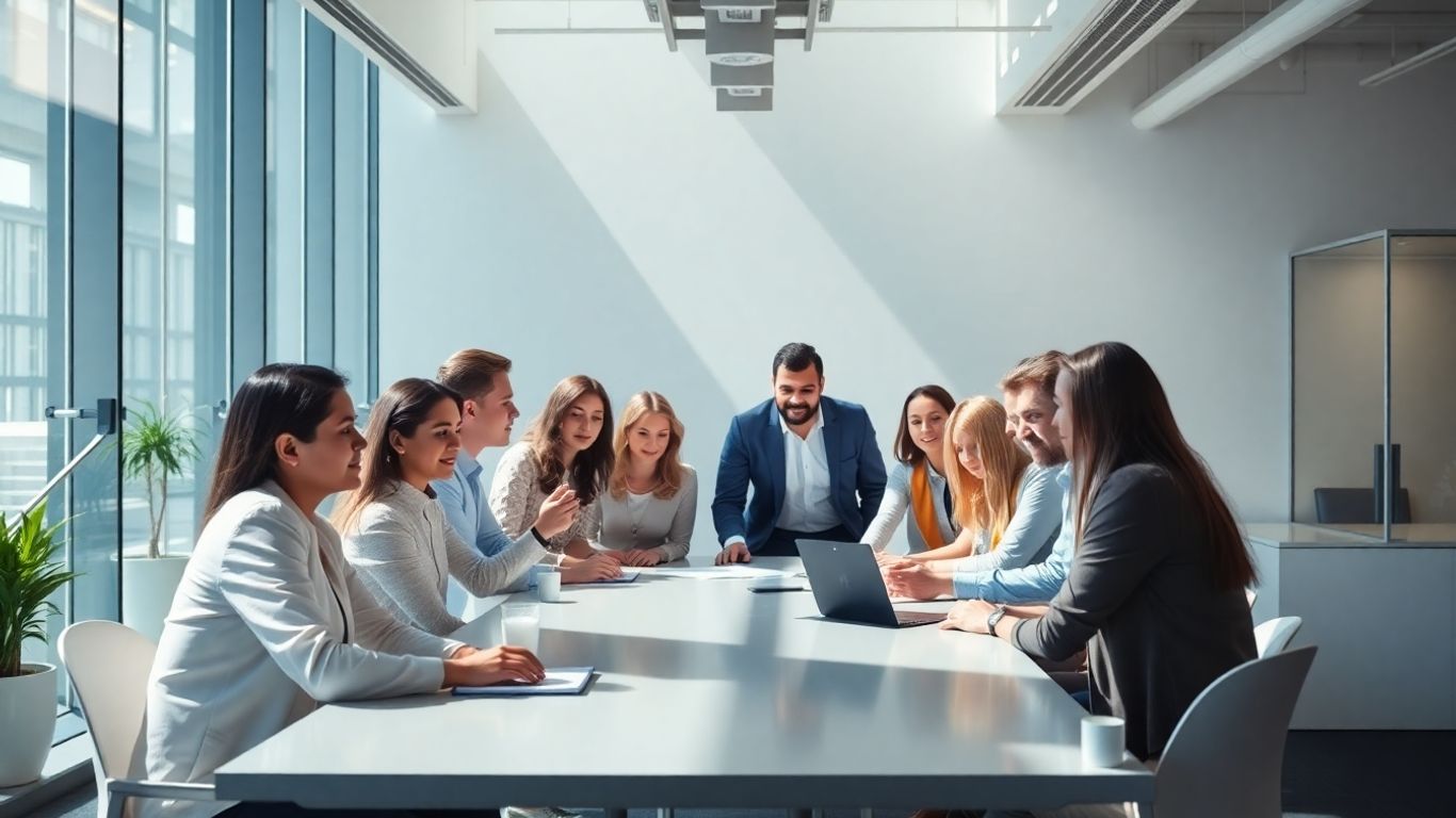 Professionals collaborating in a bright, modern office space.