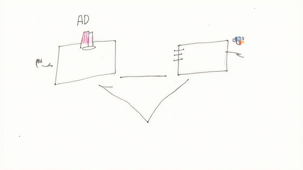 Hand-drawn diagram showing two advertising channels merging with arrows pointing to target audience convergence point