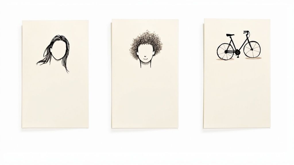 Three minimalist sketches showing diverse people and bicycle illustrating target audience personas
