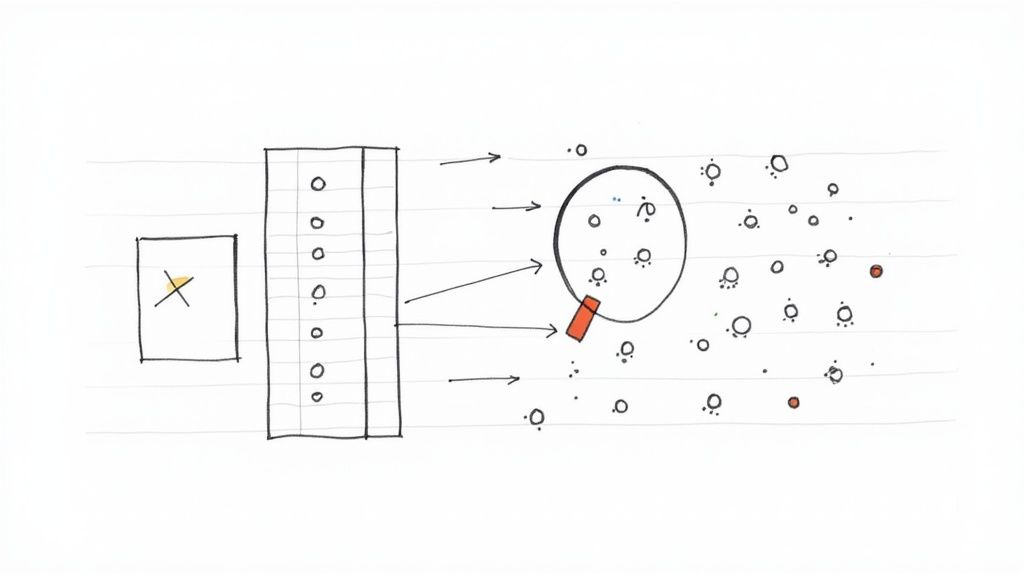 Diagram showing audience segmentation process from database through targeting to dispersed individual audience members