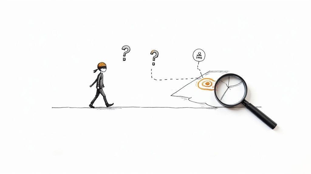 Blindfolded person walking toward magnifying glass revealing target audience with question marks above