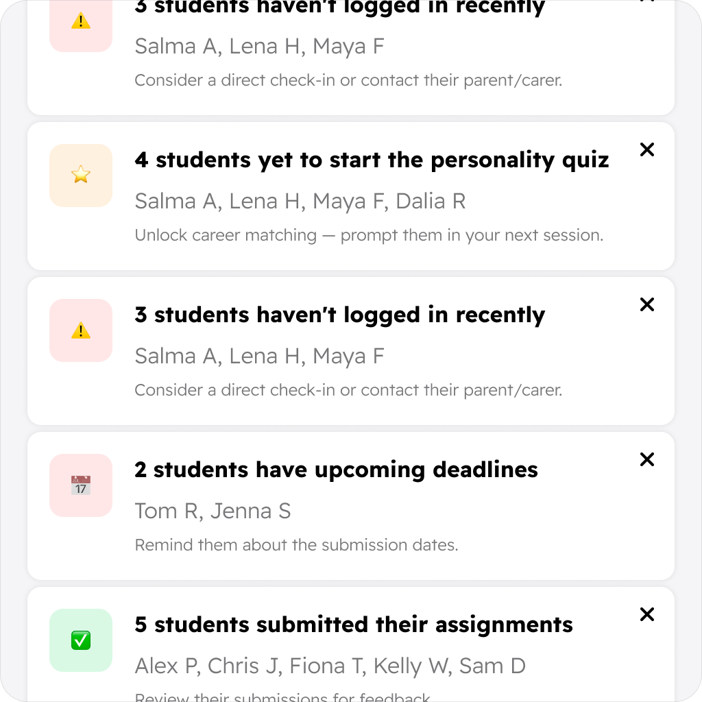 Career dashboard showing greetings, activity stats, career pathways, job match, salary, and job title trends.