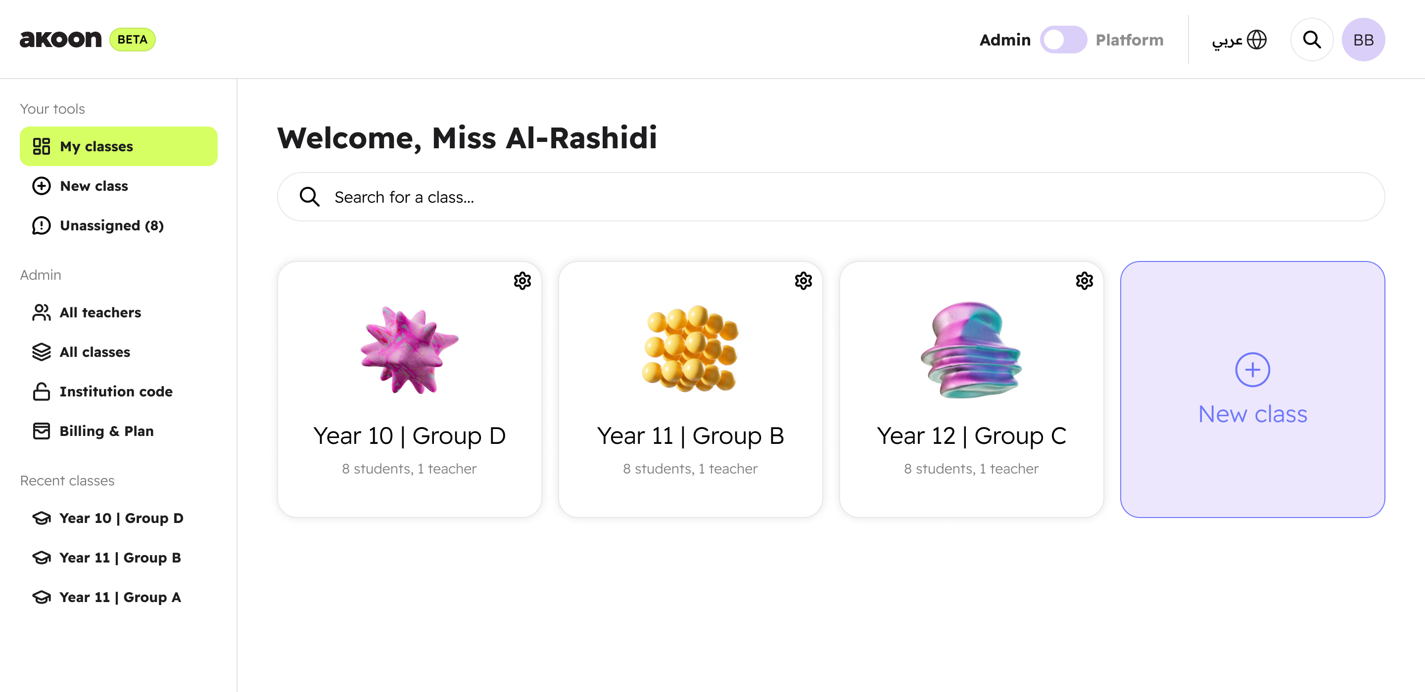 Admin dashboard for Year 10 Group D showing student engagement alerts and class statistics.