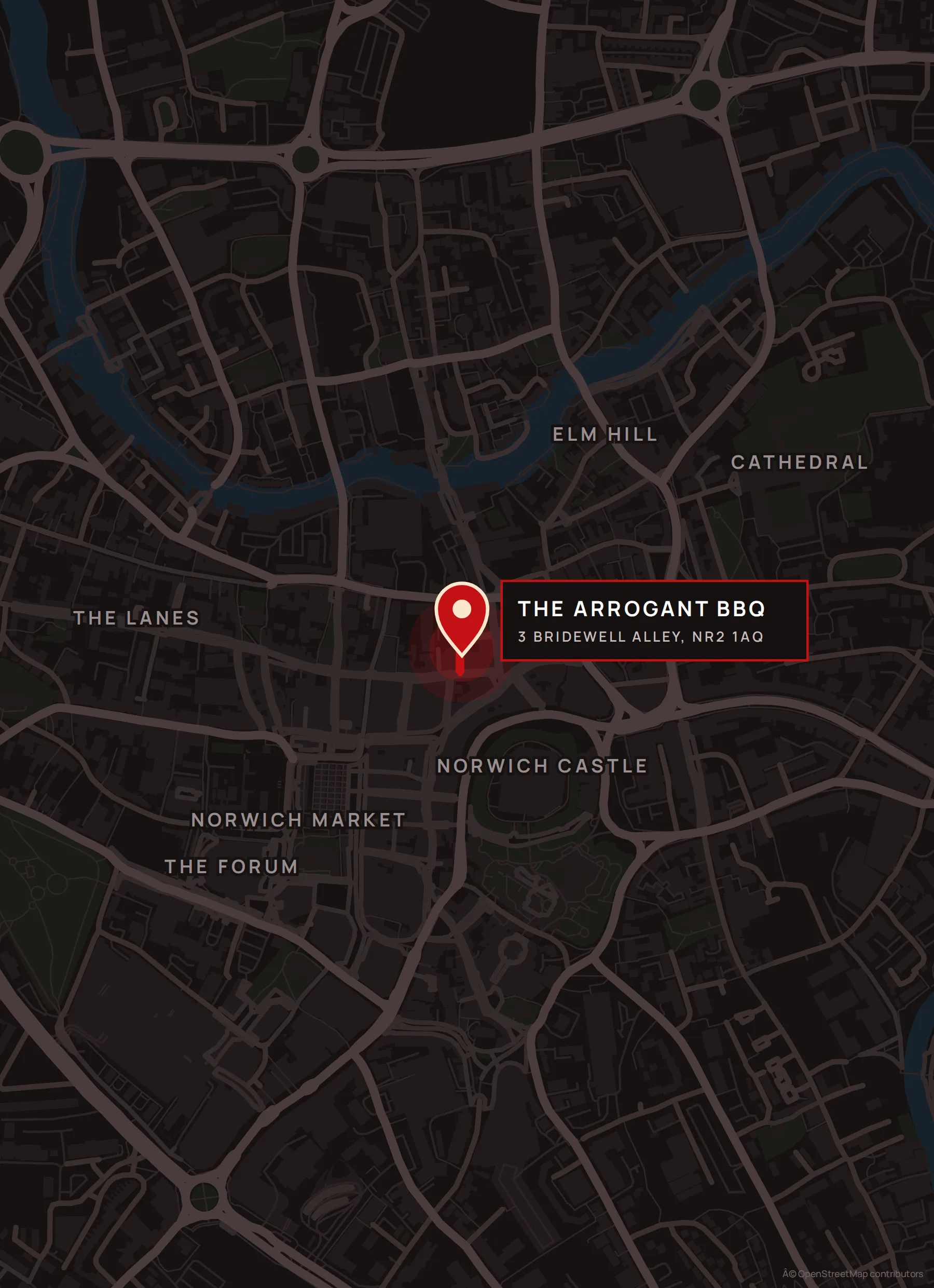 Map of Norwich city centre showing The Arrogant BBQ on Bridewell Alley, near Norwich Market and Norwich Castle