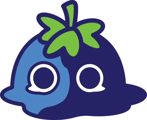 Cartoon blueberry character with green leaves on top and white speech bubble eyes.