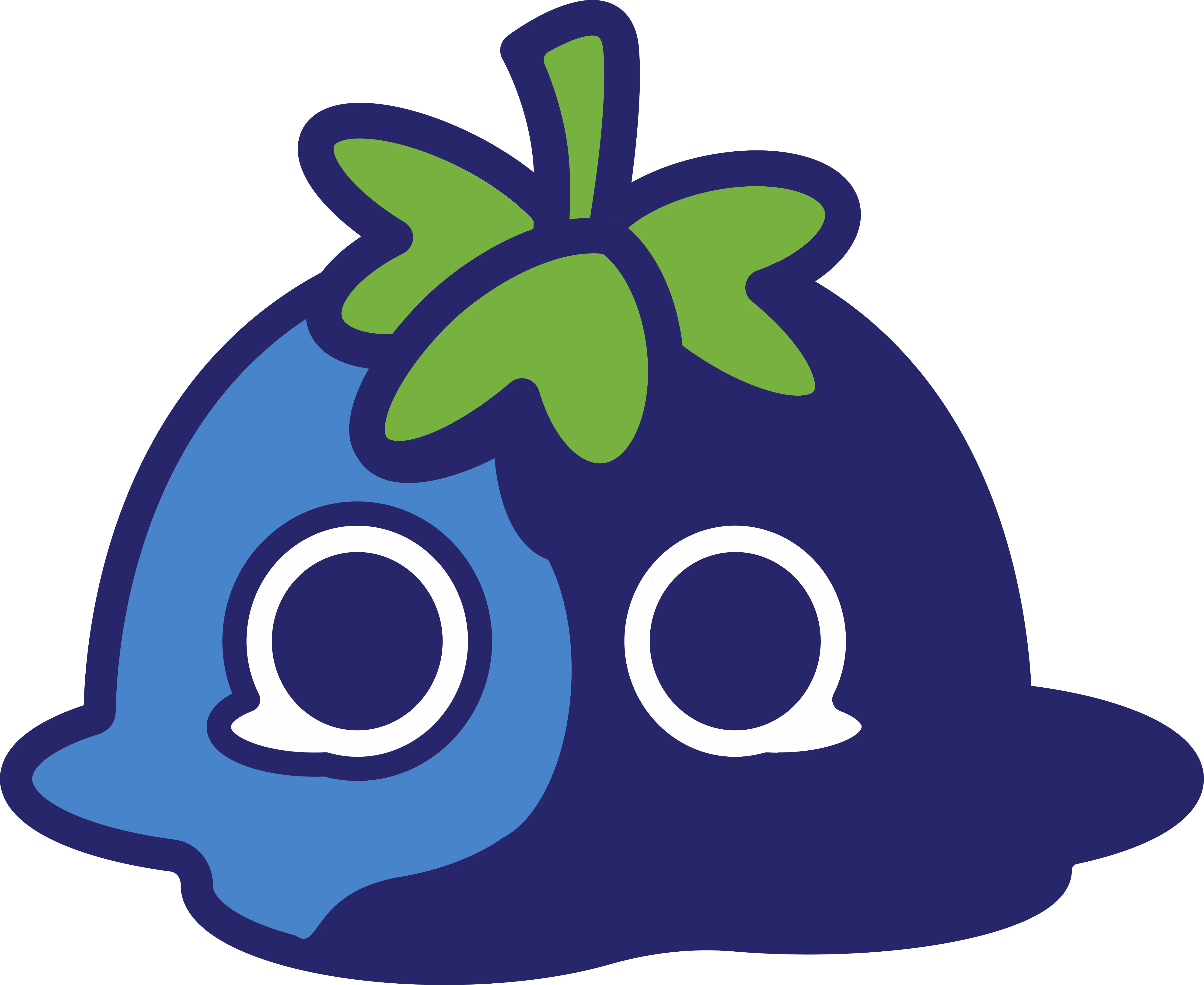 Cartoon blueberry character with green leaves on top and white speech bubble eyes.
