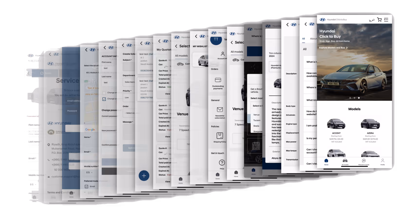 Stack of transparent overlapping screenshots showing a Hyundai Click to Buy app interface featuring car models, user account, quotes, and service options.