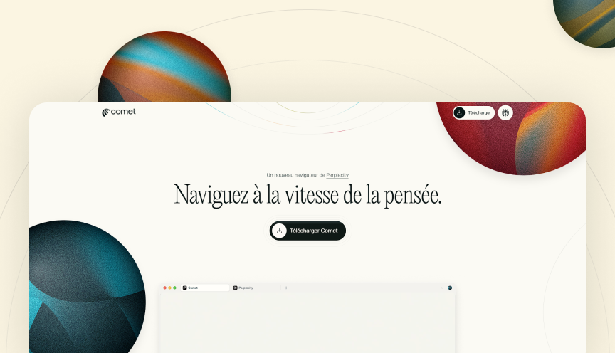 Interface du navigateur IA Comet de Perplexity, affichant la recherche conversationnelle et les résumés générés par l’agent.