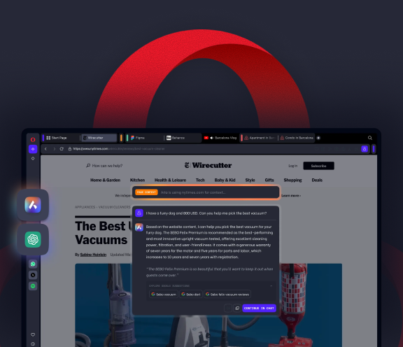 Interface du navigateur Opera avec Aria, montrant la barre latérale d’assistance IA intégrée pour résumer et interagir avec le contenu.