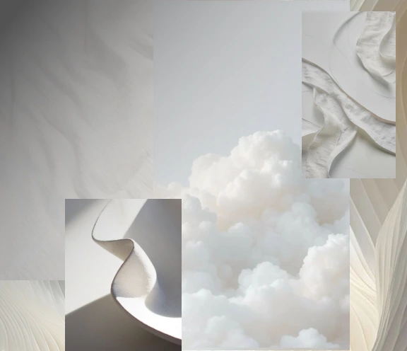 Moodboard dans les tons de la couleur de l’année : Cloud Dancer.