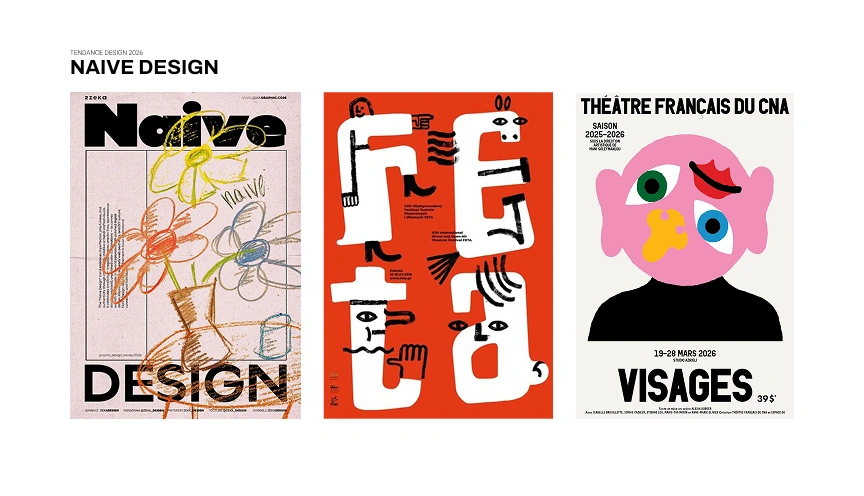 Composition visuelle illustrant la tendance “Naive Design”.