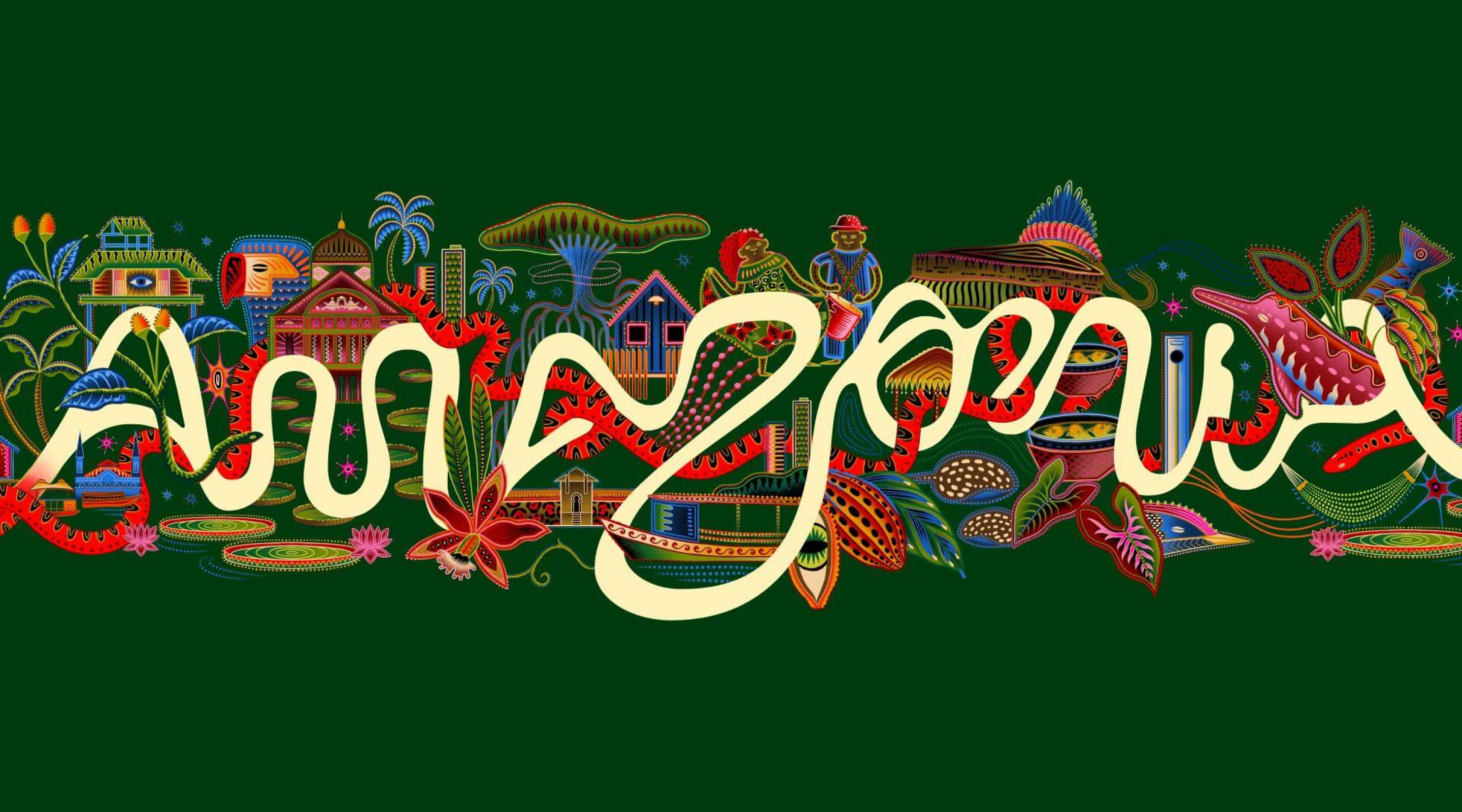 Nouveau logo de l’Amazonie composé d’illustrations organiques et colorées inspirées du territoire, mêlant végétation, reliefs et formes dessinées à la main.