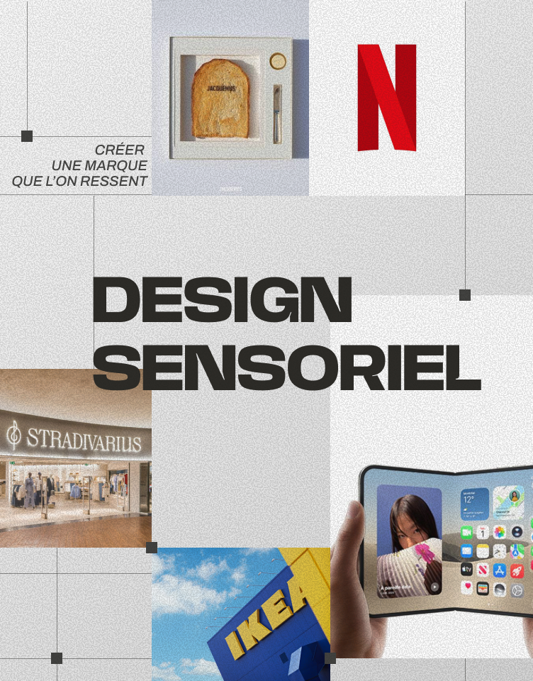 Collage autour du design sensoriel, illustrée par plusieurs marques et expériences mêlant identité visuelle, son, odeur, goût et toucher.