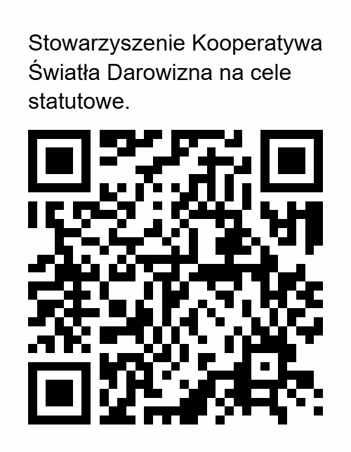 Kod QR z napisem 'Stowarzyszenie Kooperatywa Światła Darowizna na cele statutowe.'