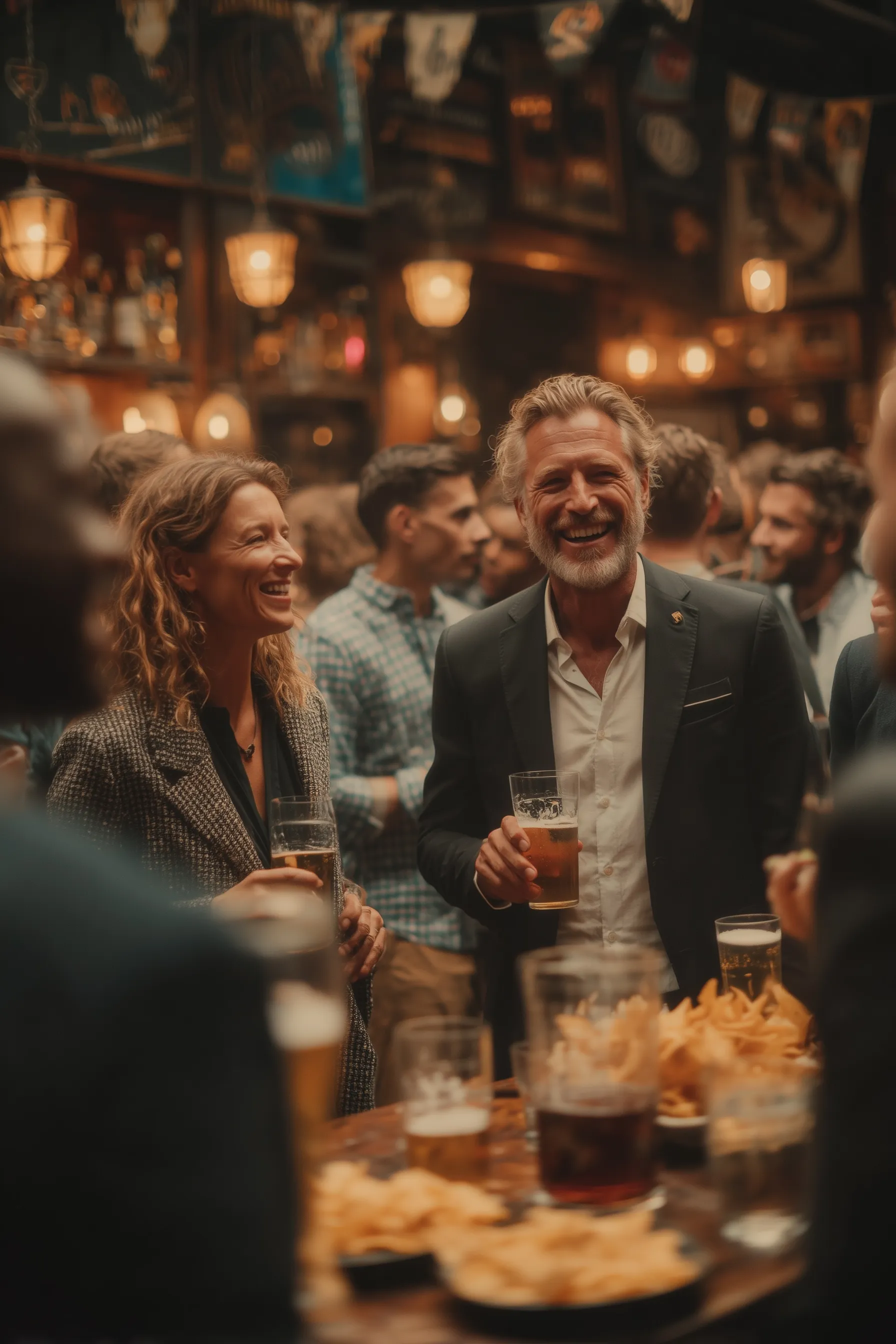 Groupe d’amis et professionnels partageant un moment convivial autour de bières dans un restaurant Indiana Café