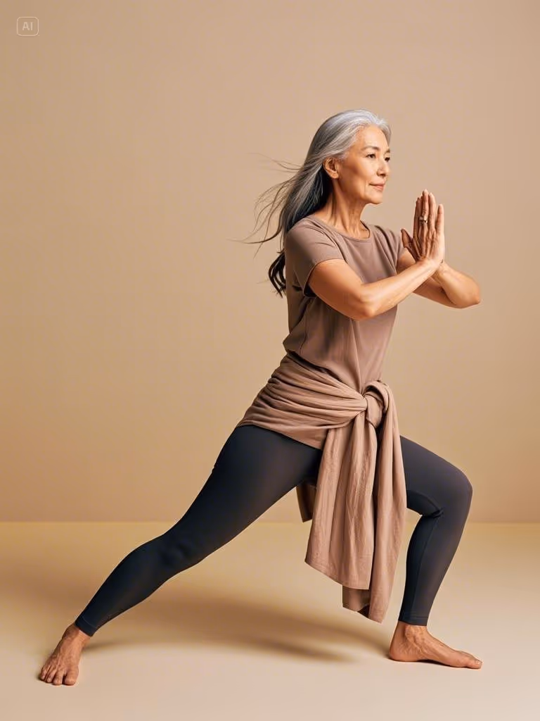 Une femme d'un ceratin âge d'origine asiatique, aux cheveux gris longs et flottants, est en train d'exécuter une pose de fente de yoga. Son corps est orienté vers la droite, son genou avant est plié et son pied arrière est étendu. Ses mains sont jointes devant sa poitrine en position de prière. Elle porte un t-shirt marron clair, un legging gris foncé et un pull marron clair noué autour de sa taille. Le fond est de couleur unie, dans les tons de beige-marron. 