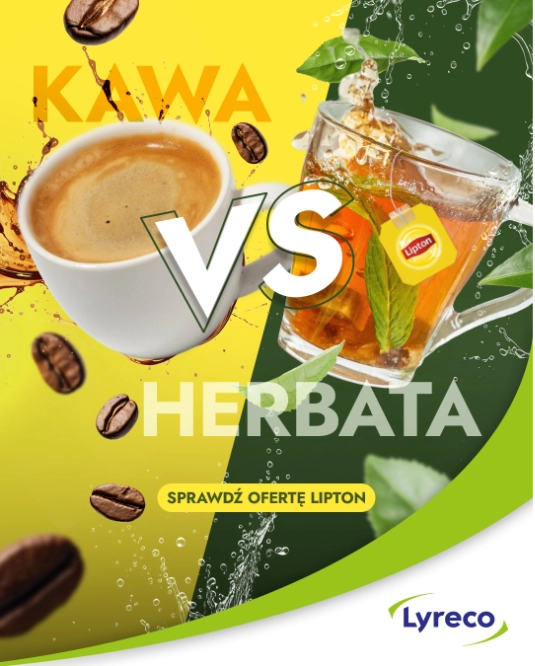 Zdjęcię z kampanii Lyreco "Kawa vs herbata", na połowie grafiki jest filiżanka kawy, na drugiej połowie szklanka herbaty Lipton