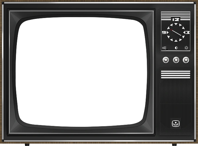 A vintage black television set with dials and buttons, featuring a blank screen and a wooden background.
