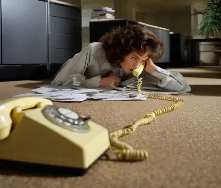 Woman lying on the floor with papers, talking on a vintage yellow rotary phone in an office setting.