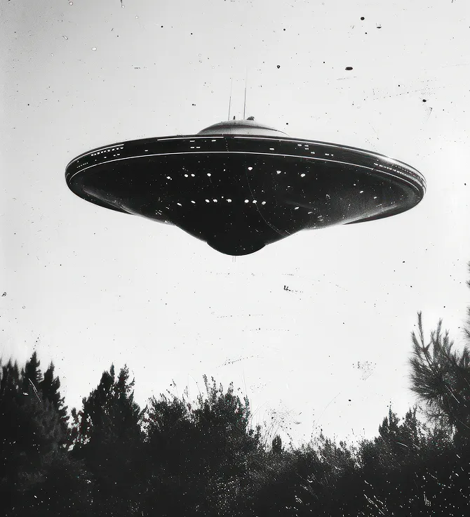 A classic flying saucer hovers above a tree line, set against a cloudy sky in a grainy black-and-white image.