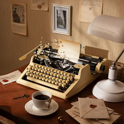 A vintage typewriter on a wooden desk, surrounded by letters, a coffee cup, and a desk lamp, evoking a nostalgic atmosphere.