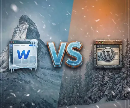 Comparison graphic showing "Word" on the left with icy effects and "WordPress" on the right with a snowy background, highlighting a rivalry.