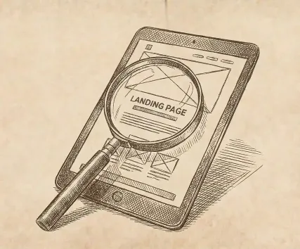 Illustration of a tablet with a magnifying glass focusing on a "Landing Page" design layout.