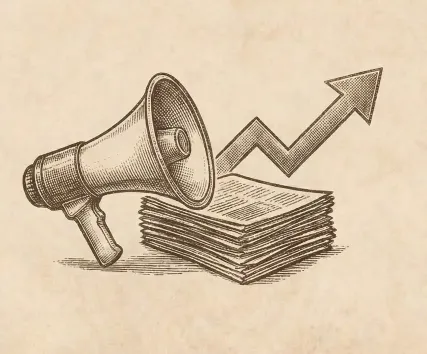 Illustration of a megaphone next to a stack of papers, with an upward arrow, symbolizing communication and growth.