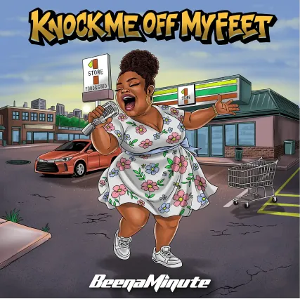 A cartoon woman sings joyfully in a floral dress outside a store, with a car and shopping cart nearby. Title reads "Knock Me Off My Feet."