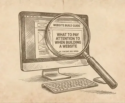 Illustration of a computer monitor displaying a website build guide with a magnifying glass highlighting tips on UX, content, SEO, and speed.