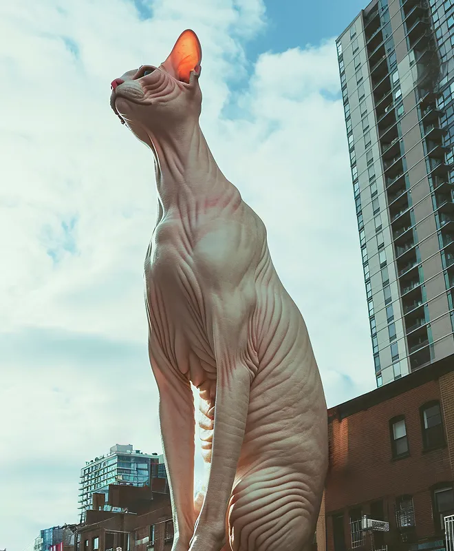 A large Sphynx cat stands tall against a blue sky, with buildings in the background, showcasing its distinct hairless features.