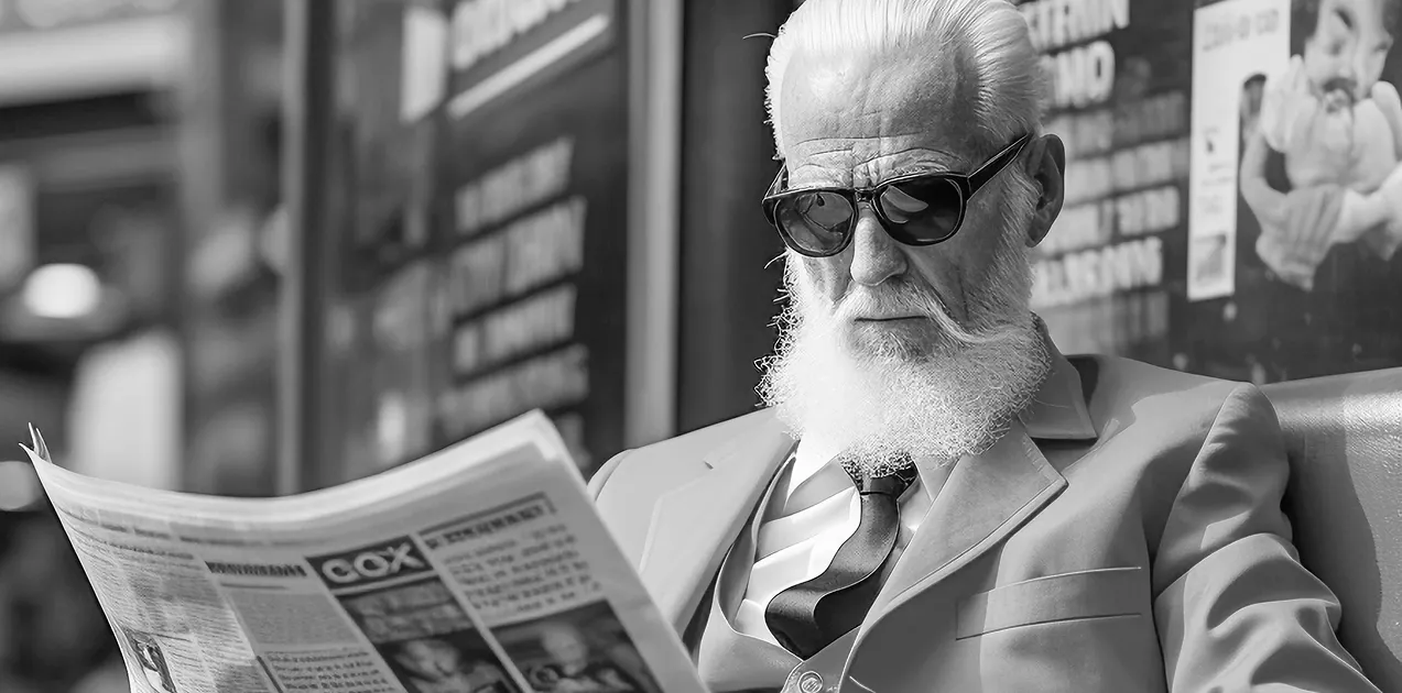 An elderly man with a long white beard wears sunglasses and reads a newspaper while seated, in a black and white urban setting.