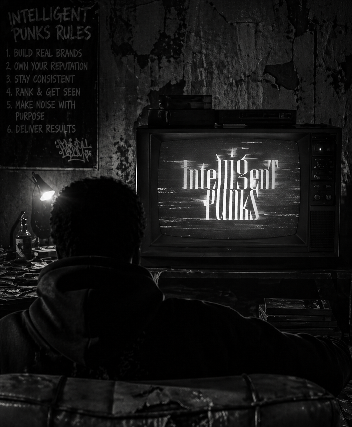 Vintage TV set in a dark room with raw wall signage – Intelligent Punks brand aesthetic