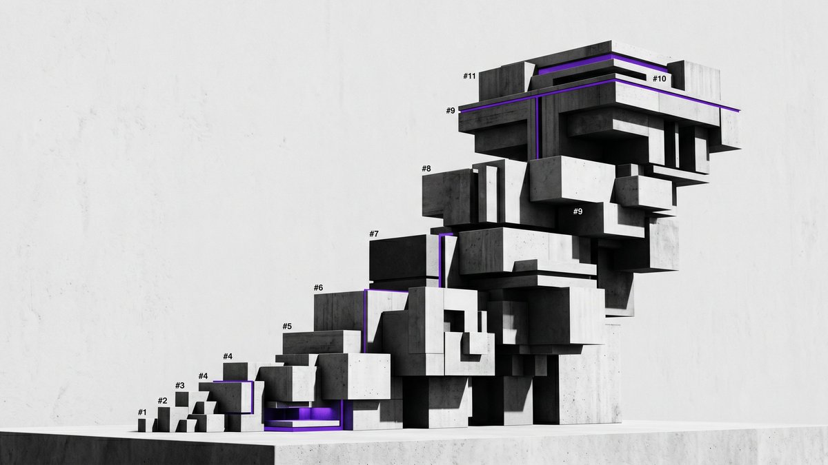 Ascending architectural stack of modular concrete blocks with purple accents, representing compounding brand growth