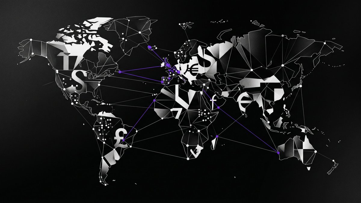 Black and white world map connected by purple data lines and currency symbols, illustrating the global reputation economy