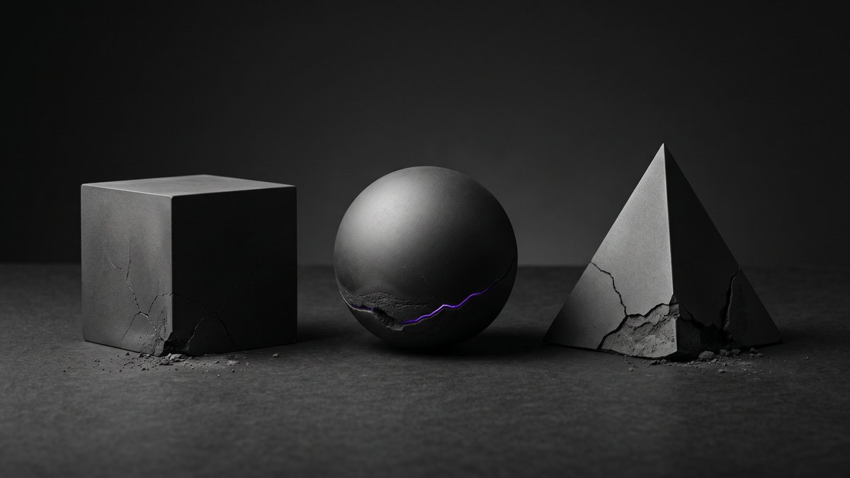 Three dark geometric shapes — a cube, sphere, and pyramid — each fractured at the base, representing threats to brand reputation