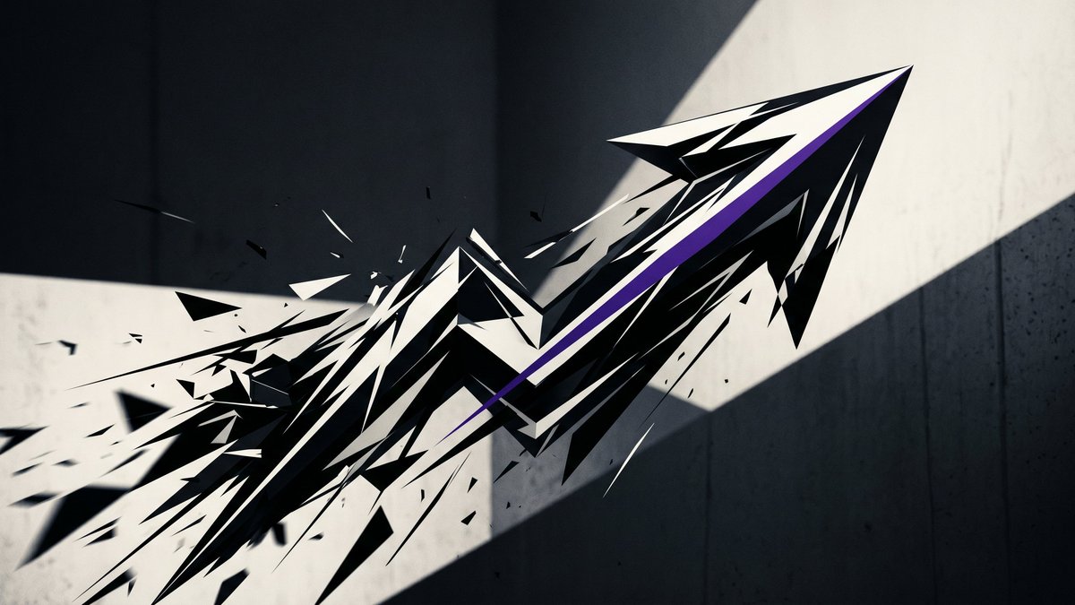 Sharp angular arrow shooting upward with fragments trailing behind, representing decisive forward momentum