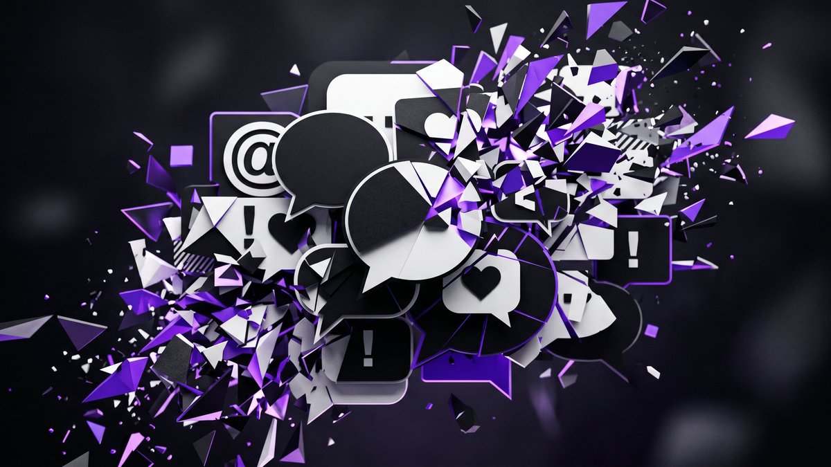 Exploding cluster of speech bubbles and notification icons representing constant digital conversation around a brand