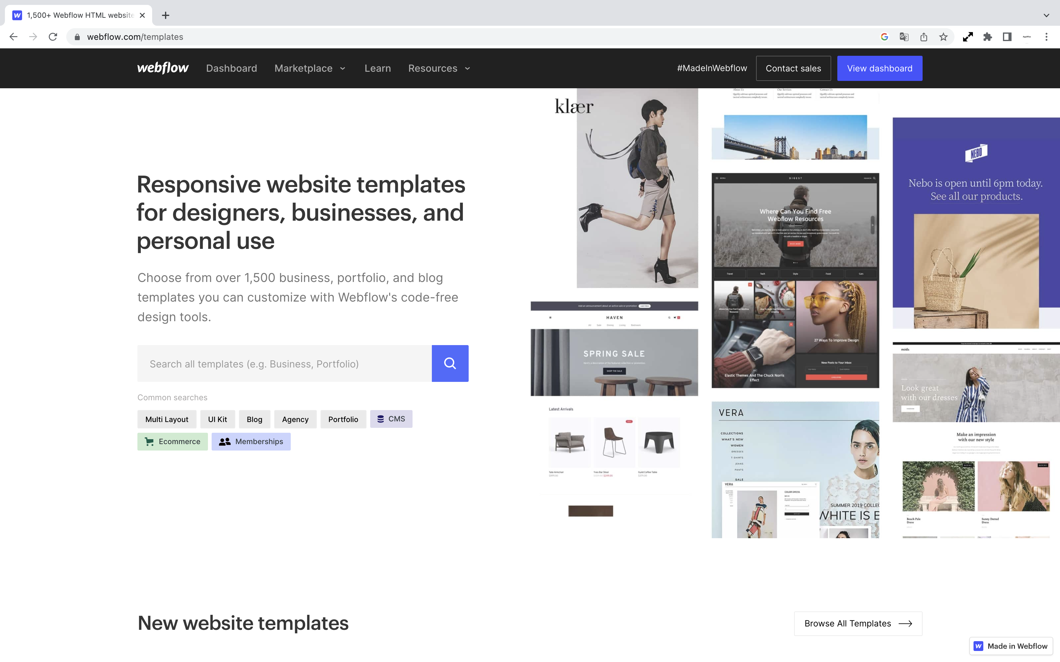 Zu sehen ist ein Screenshot der Webflow Template Library