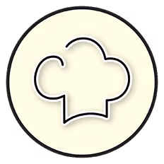 Icône stylisée de toque de chef dans un cercle beige.